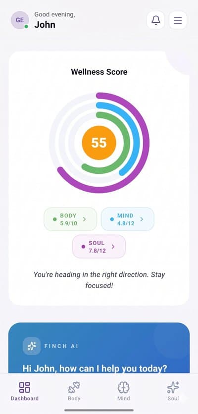 Finch Health app — Wellness Score dashboard
